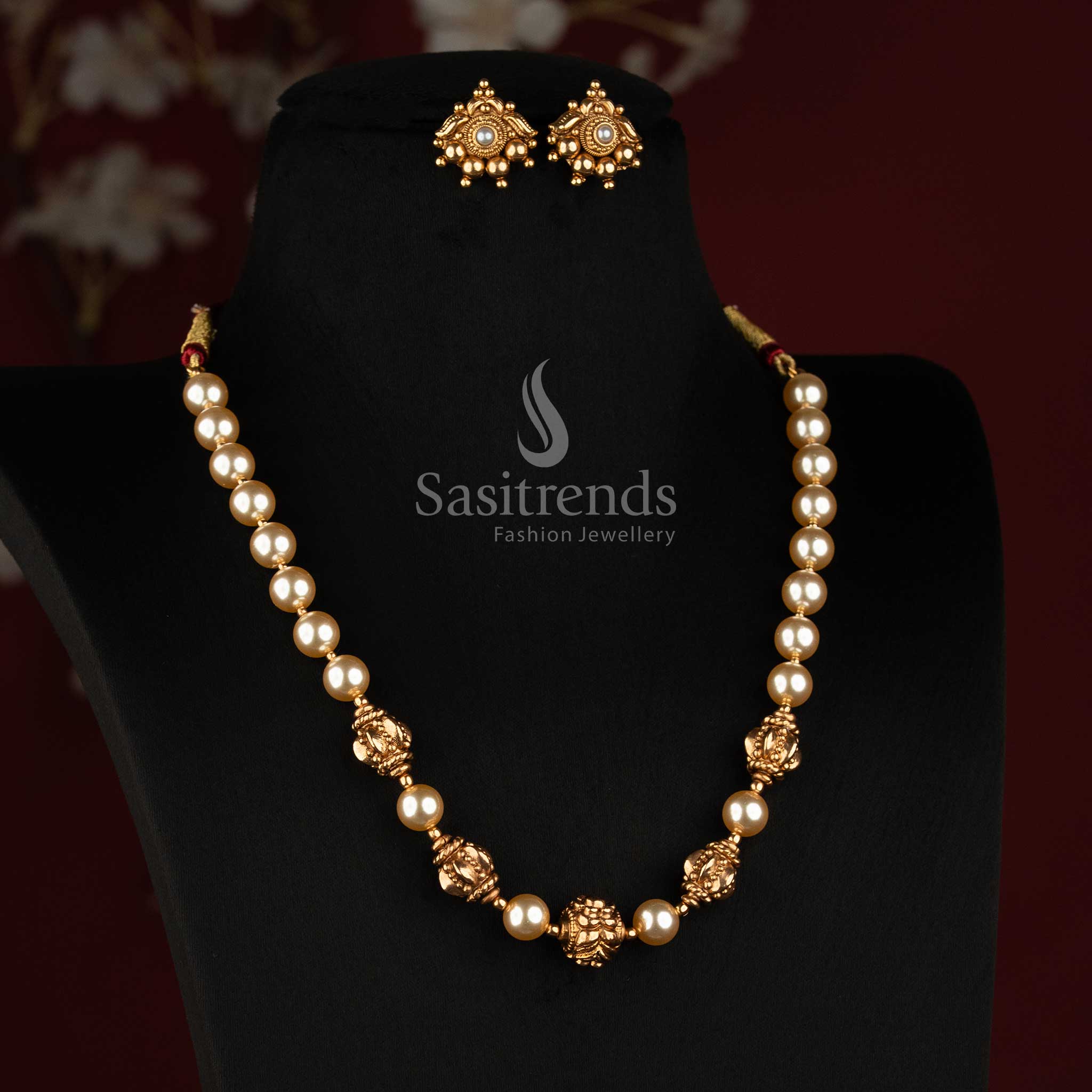 Antique Gold Plated Pearl Bead Short Mala Necklace Set for Wedding and Festive Wear - Sasitrends