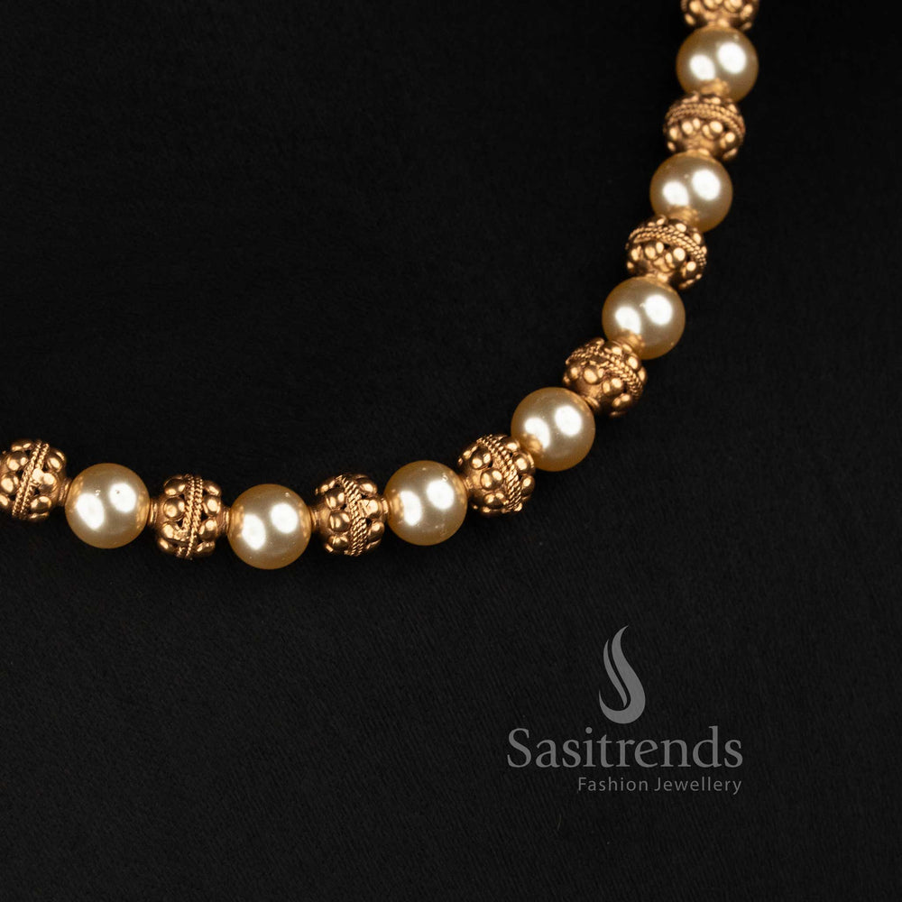 Traditional Antique Gold Filigree Sphere Pearl Mala Necklace Set with Matching Stud Earrings - Sasitrends