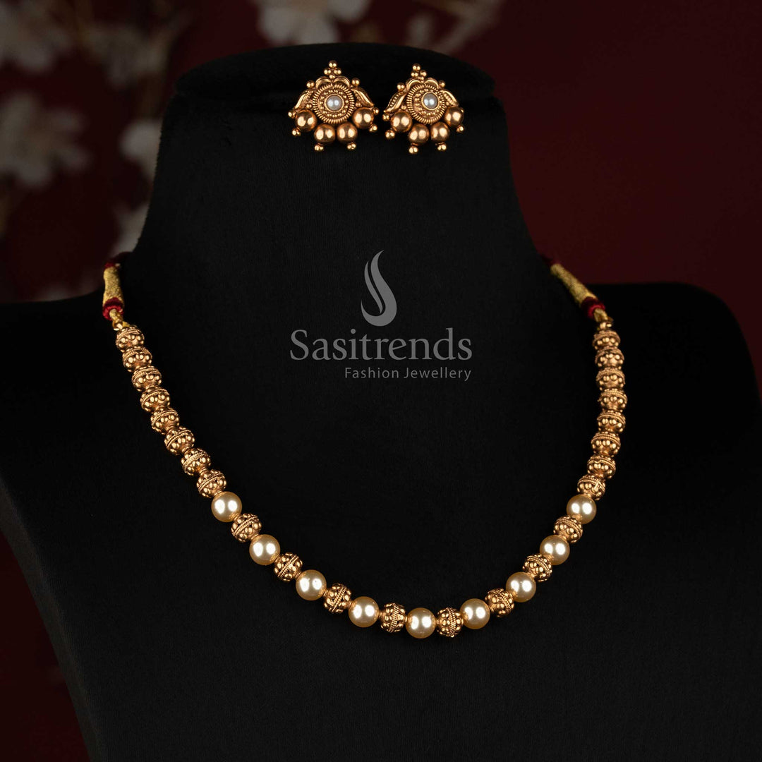 Traditional Antique Pearl Accent Golden Bead Mala Necklace Set for Women - Sasitrends