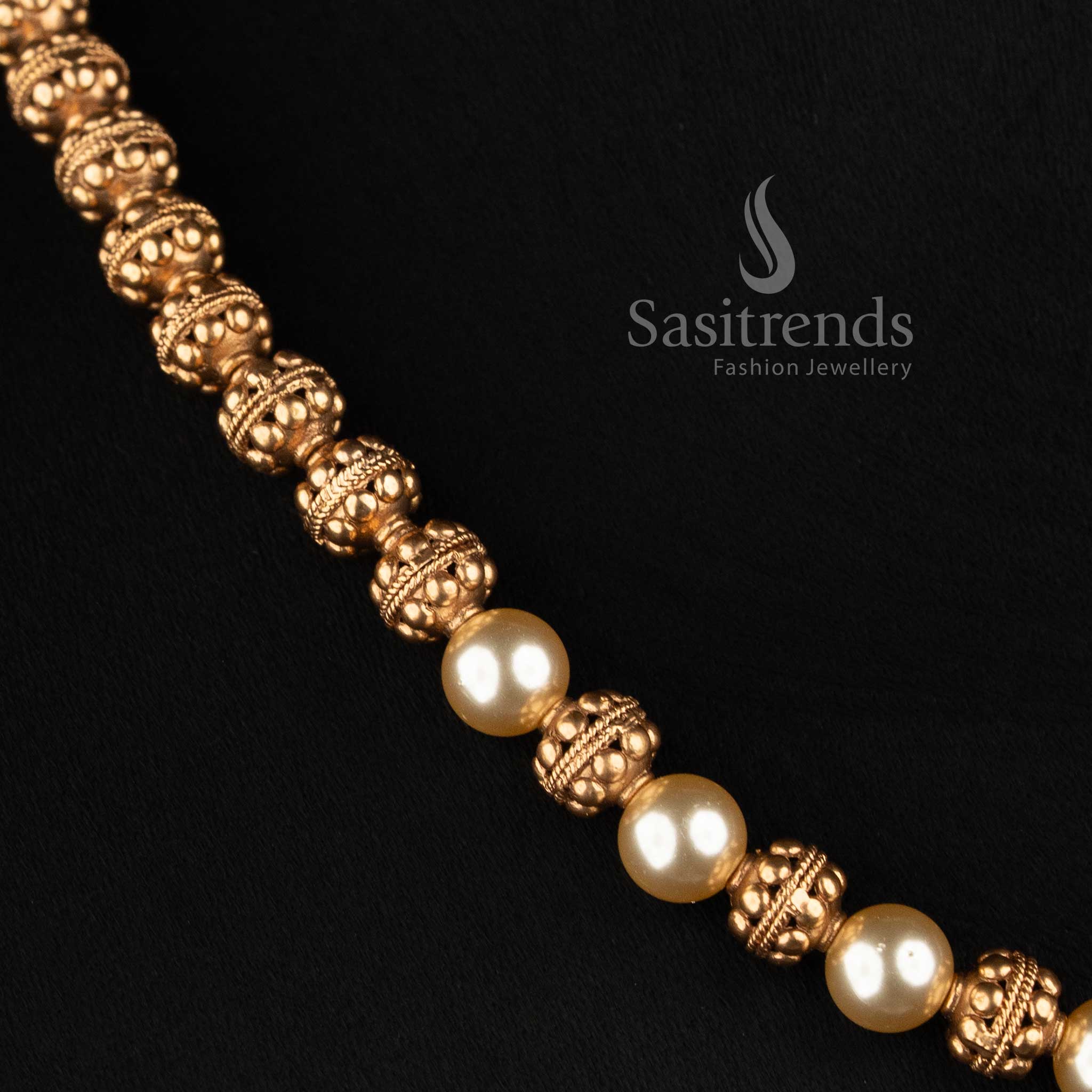 Antique Gold Filigree Sphere and Pearl Mala Necklace Set for Women - Sasitrends