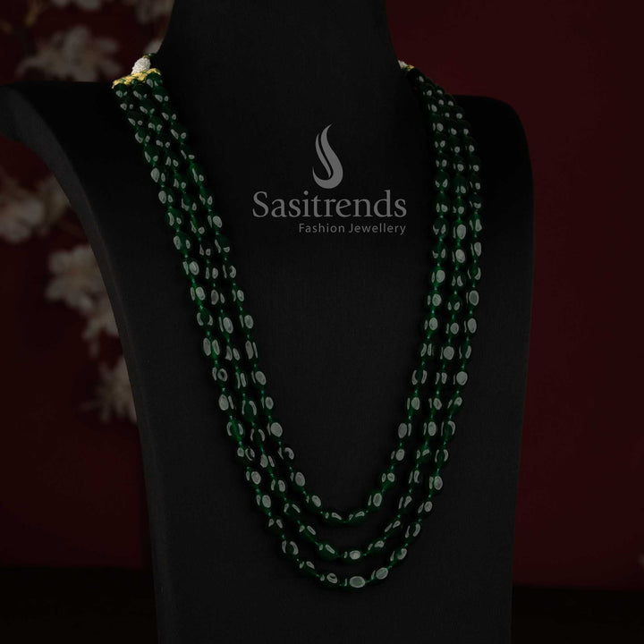 Natural Gemstone Three-Layer Long Mala Necklace for Bridal and Festive Wear - Sasitrends
