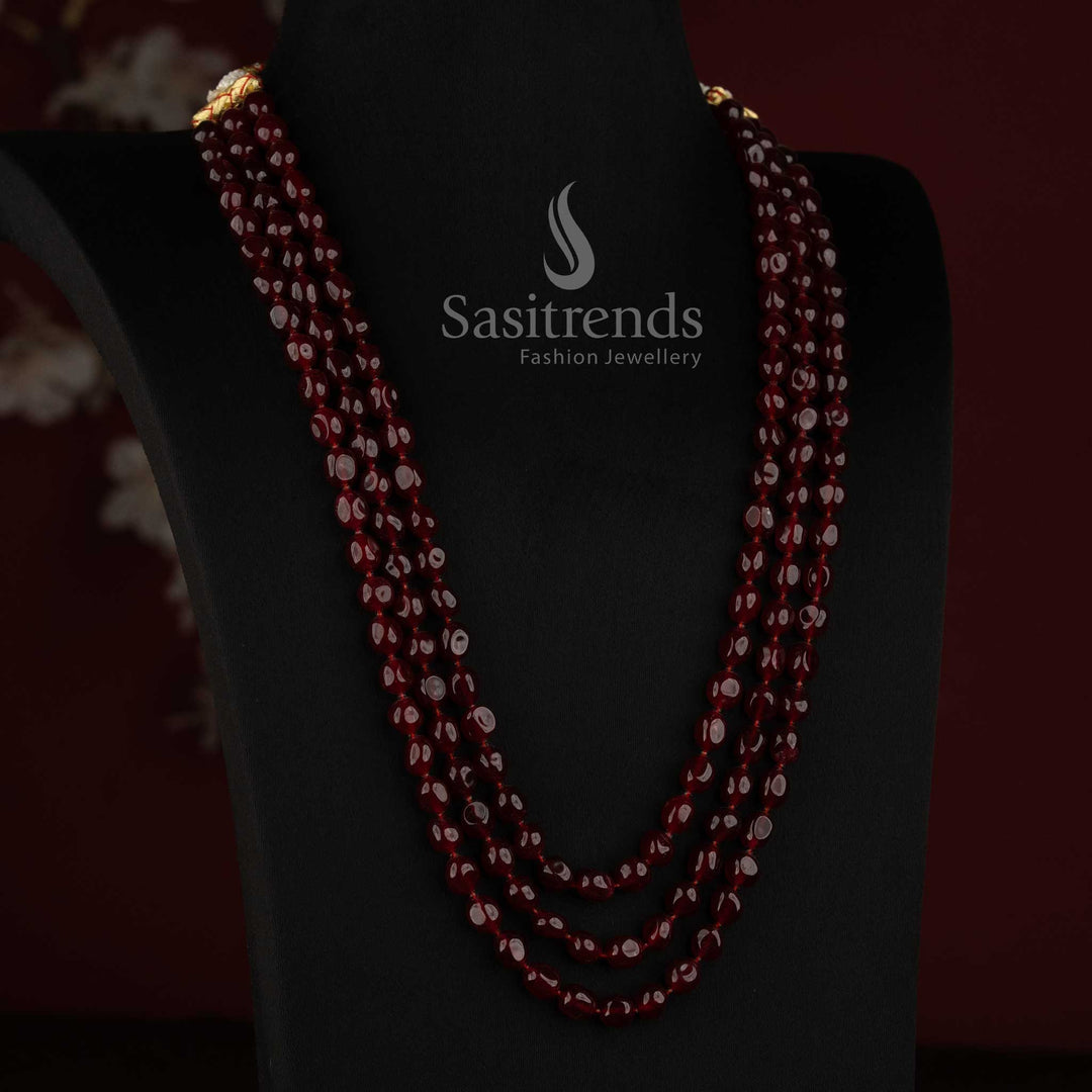Natural Jade Oval Gemstone Three-Layer Strand Long Mala Necklace - Sasitrends