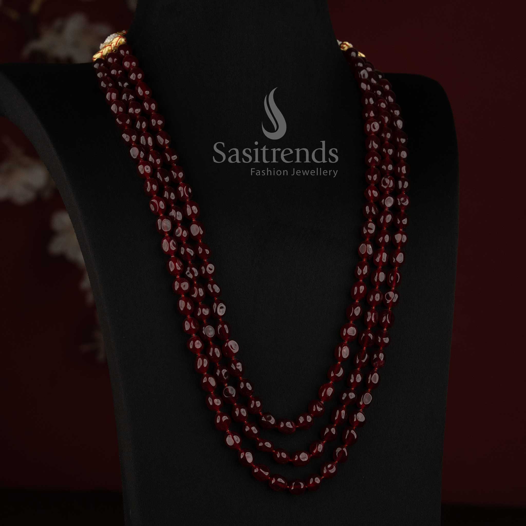 Natural Jade Oval Gemstone Three-Layer Strand Long Mala Necklace - Sasitrends