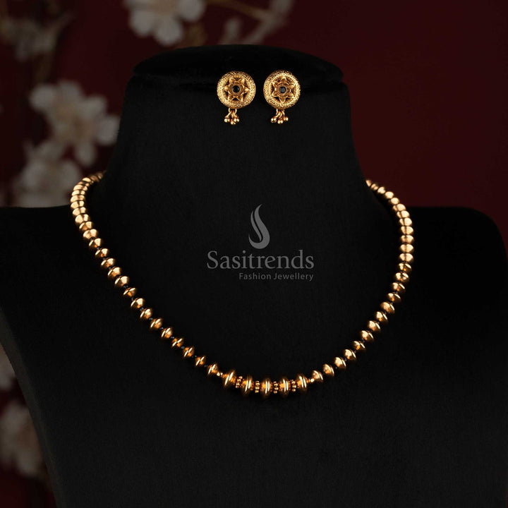 Royal Antique Gold Smooth Spherical Bead Strand Mala Necklace Set - Sasitrends