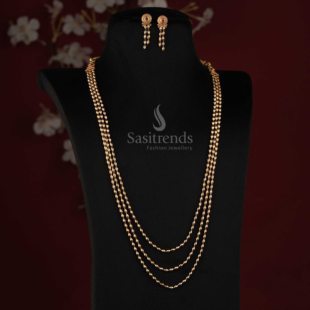 Antique Gold Plated Layered Rice Bead Long Haram Necklace Set with Hanging Ball Earrings - Sasitrends