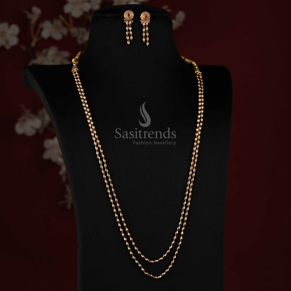 Traditional Antique Gold Layered Rice Bead Long Haram Necklace Set for Women - Sasitrends