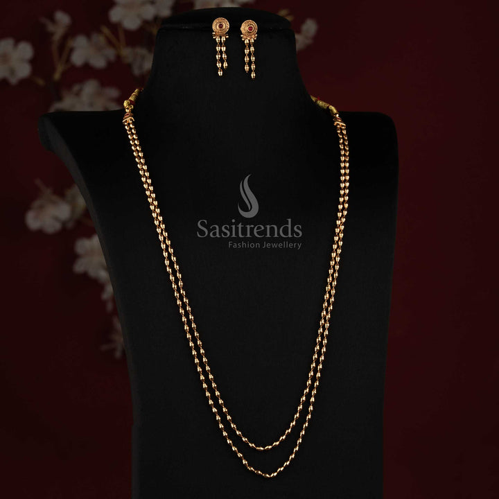 Traditional Antique Gold Layered Rice Bead Long Haram Necklace Set for Women - Sasitrends