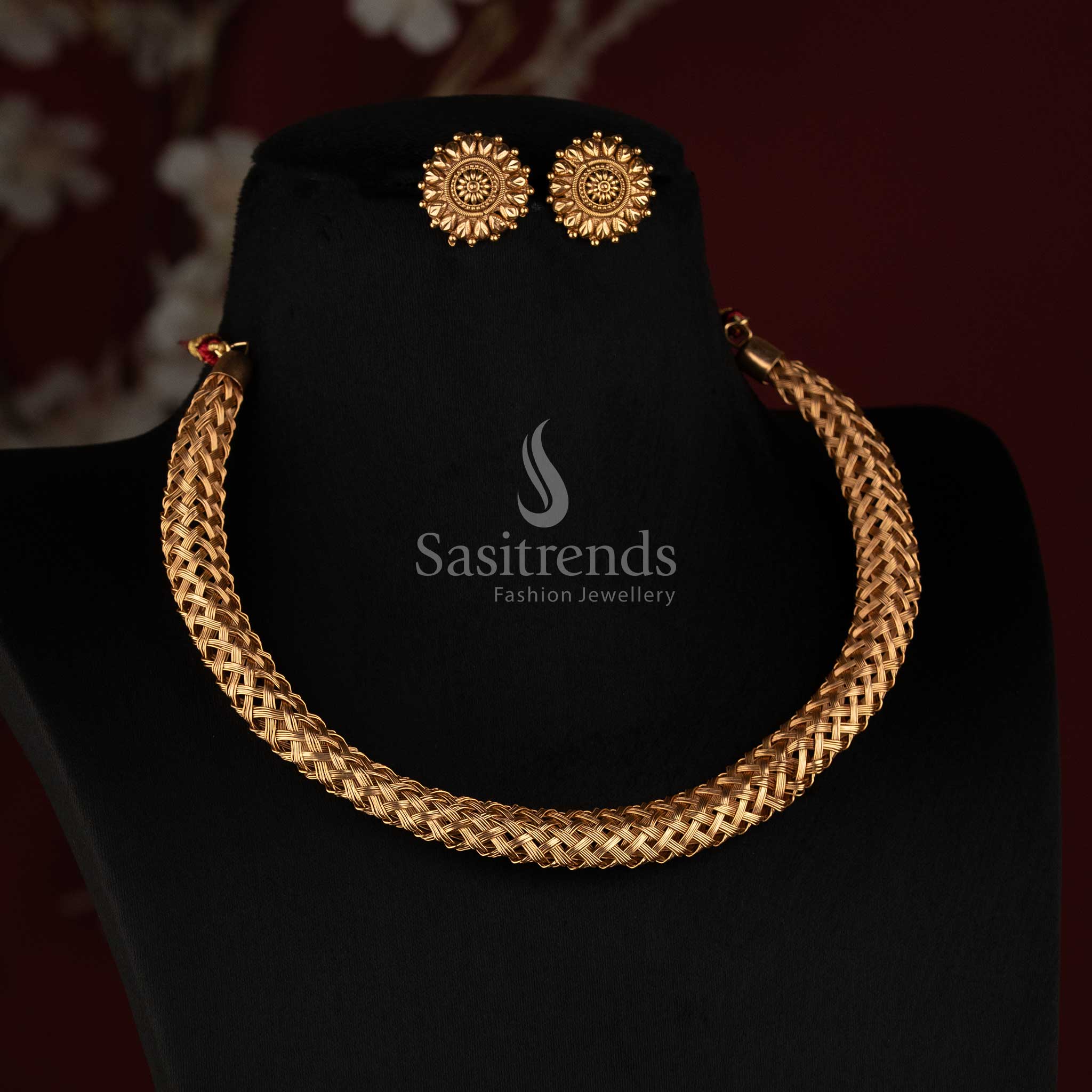 Traditional Antique Gold Braided Mesh Hasli Choker Set for Women - Sasitrends