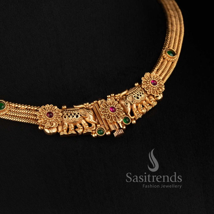 Antique Gold Plated Temple Style Choker Necklace Set for Festive and Wedding Wear - Sasitrends