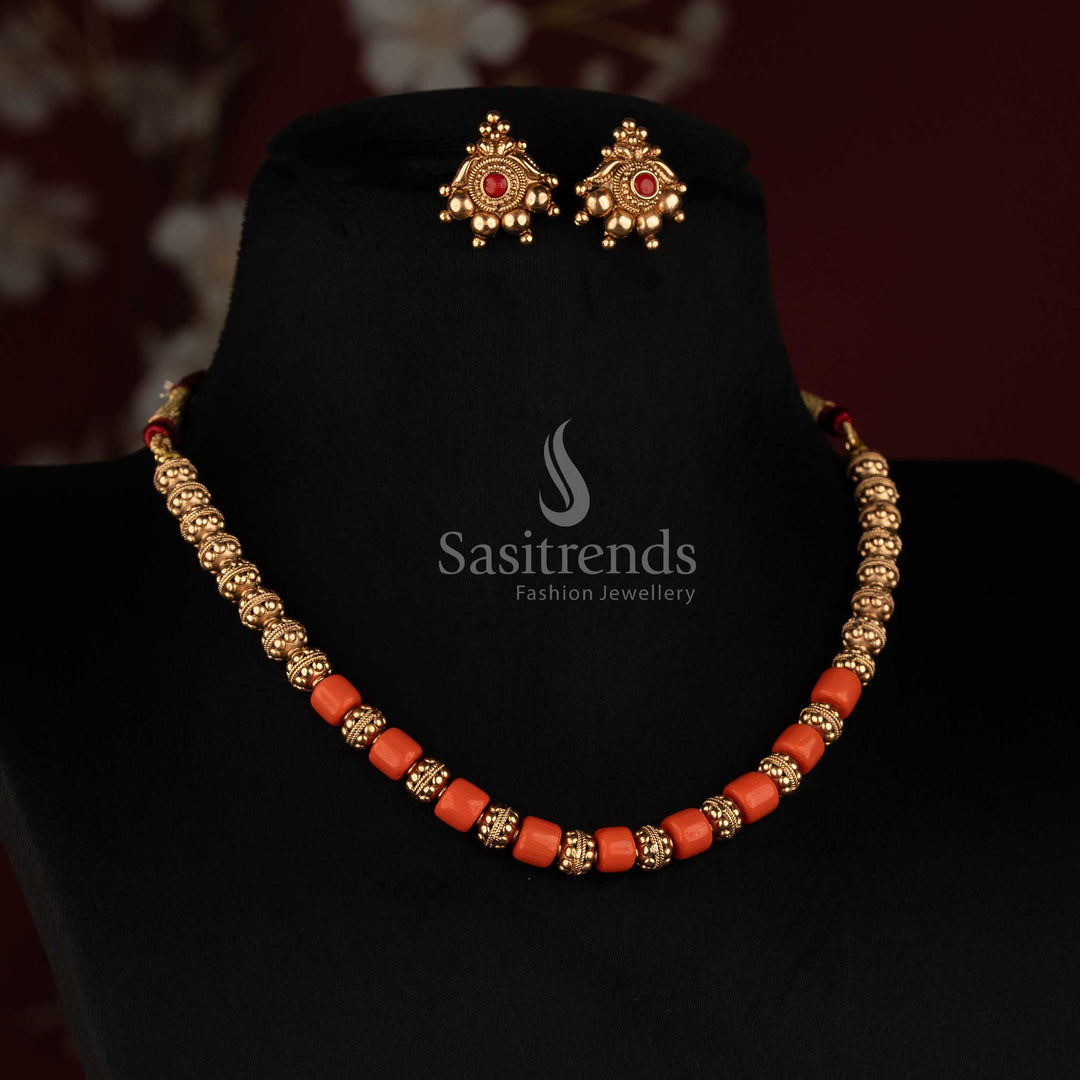 Antique Golden Beads Mala Necklace Set with Matching Floral Stud Earrings - Sasitrends