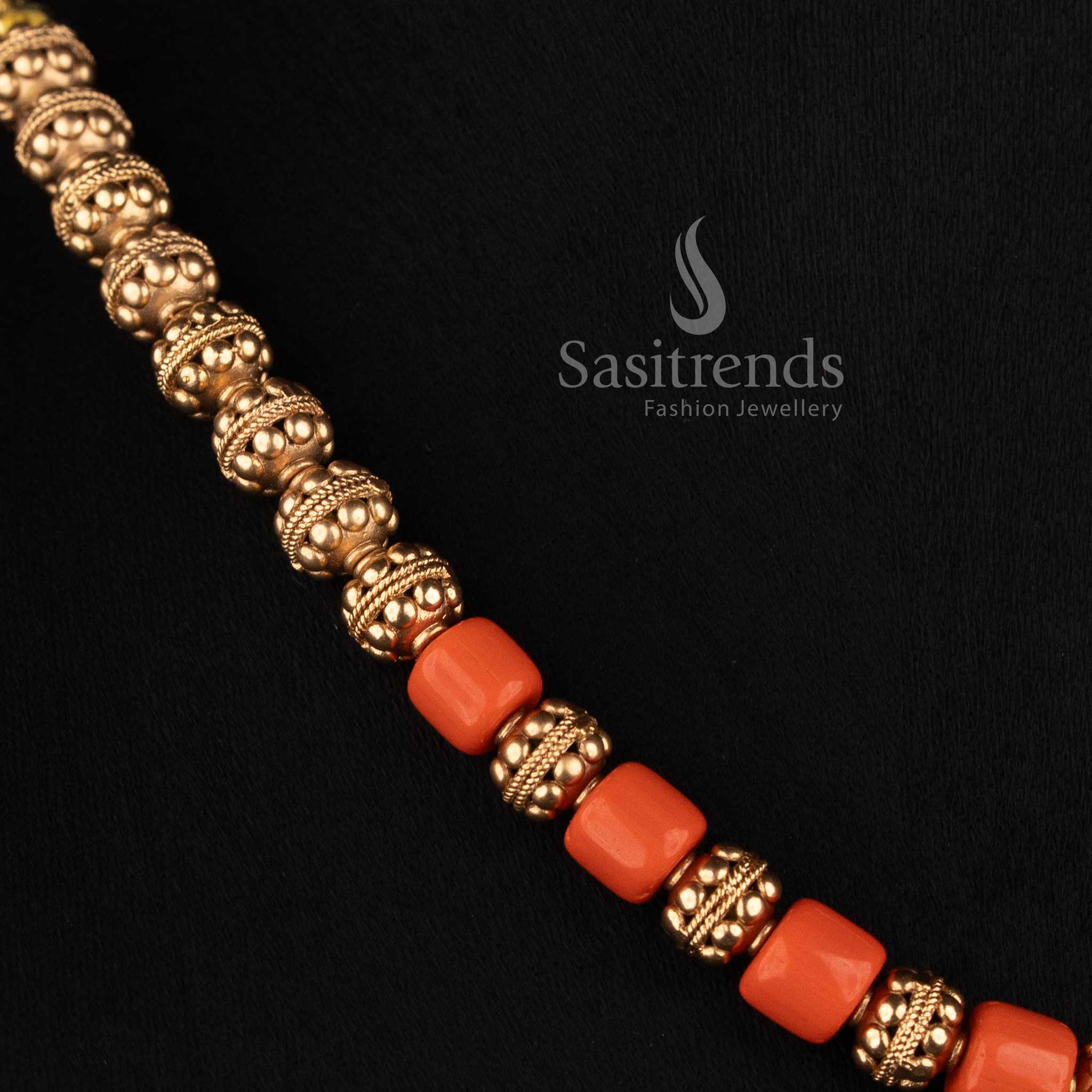 Traditional Antique Gold Golden Bead Mala Necklace with Floral Detailing - Sasitrends