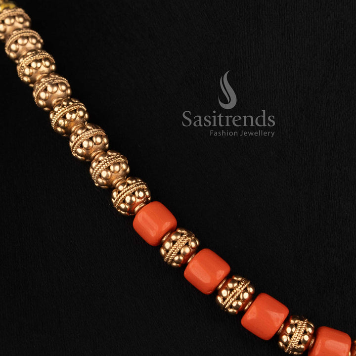 Traditional Antique Gold Golden Bead Mala Necklace with Floral Detailing - Sasitrends