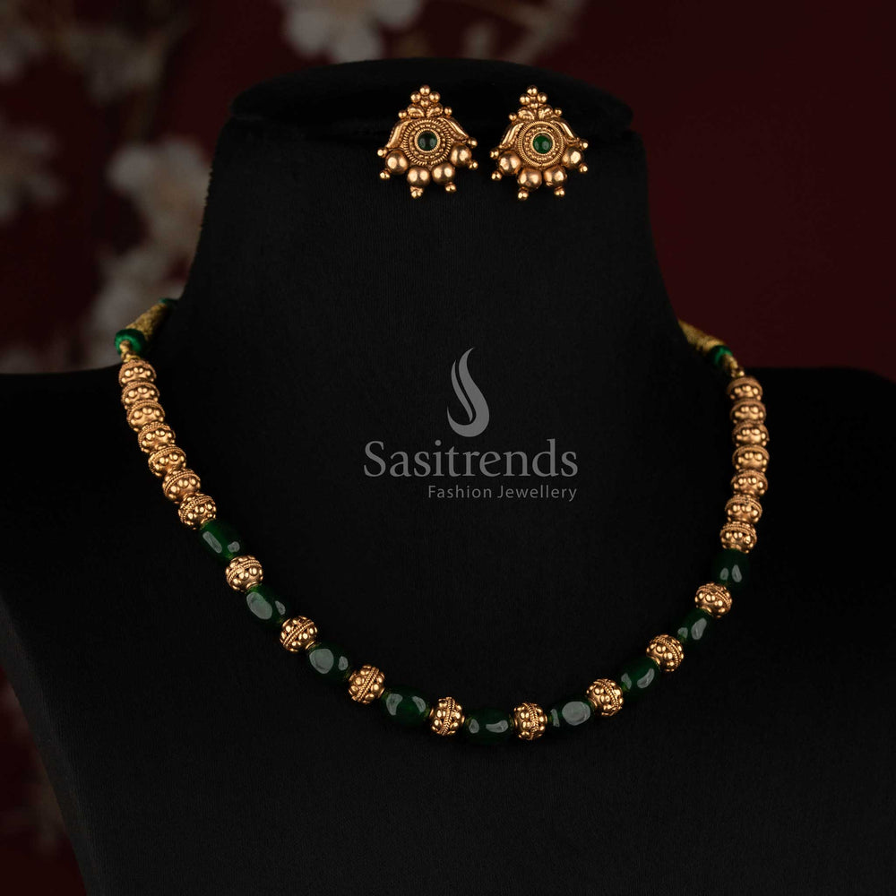Antique Gold Coral Bead Mala Necklace Set for Wedding Temple and Festive Wear - Sasitrends