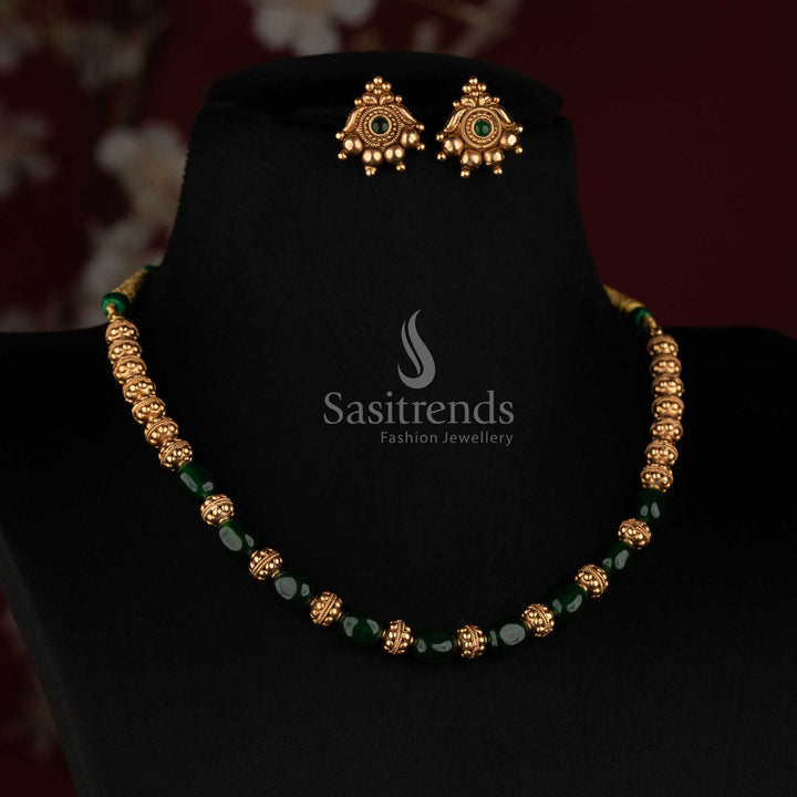 Antique Gold Coral Bead Mala Necklace Set for Wedding Temple and Festive Wear - Sasitrends