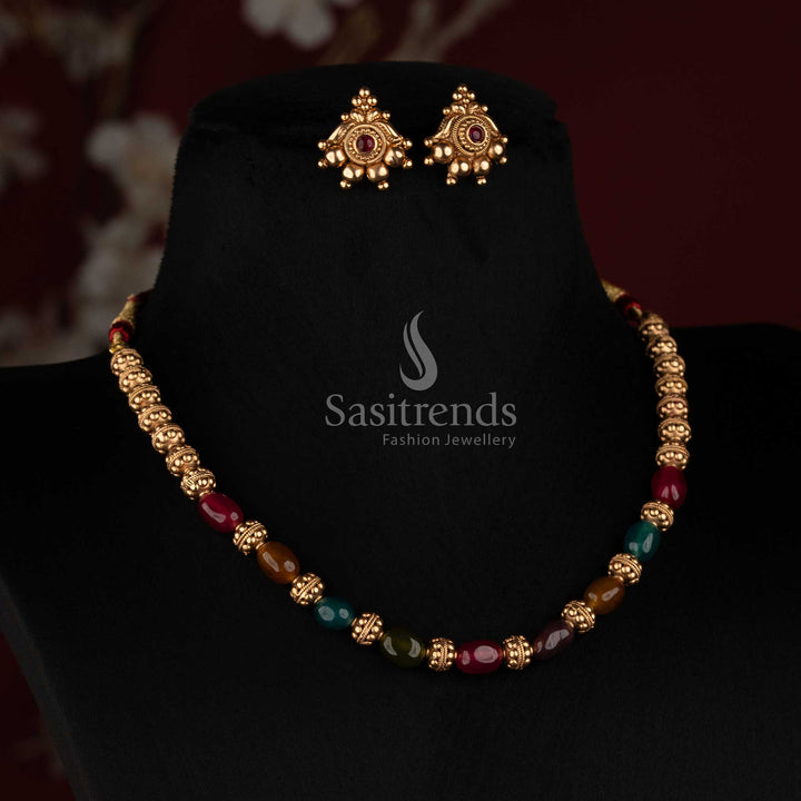 Coral Oval Barrel Bead Golden Mala with Round Floral Stud Earrings for Women - Sasitrends