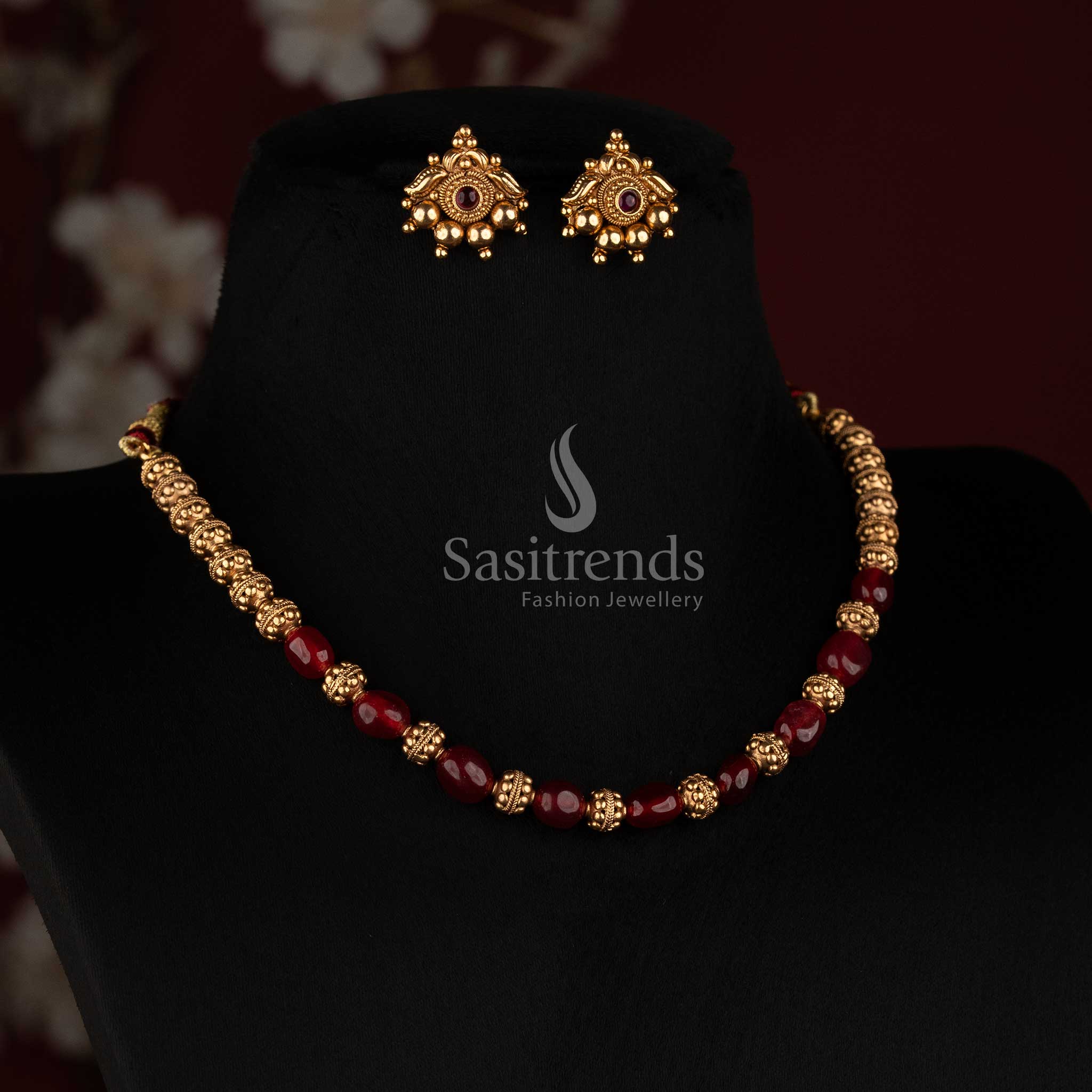 Coral Oval Barrel Bead Golden Mala with Round Floral Stud Earrings for Women - Sasitrends