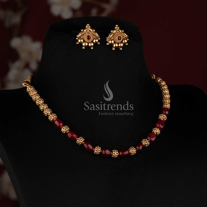 Coral Oval Barrel Bead Golden Mala with Round Floral Stud Earrings for Women - Sasitrends
