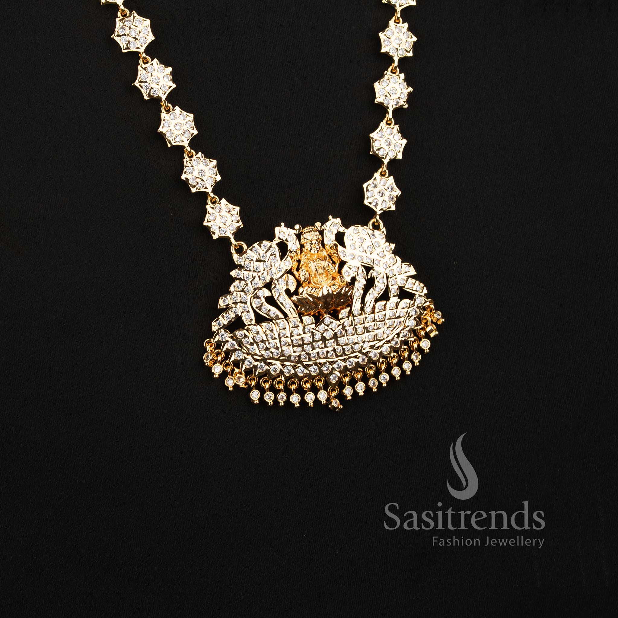 Impon AD Micro Gold Plated Lakshmi Peacock Floral Long Haram Necklace for Women - Sasitrends