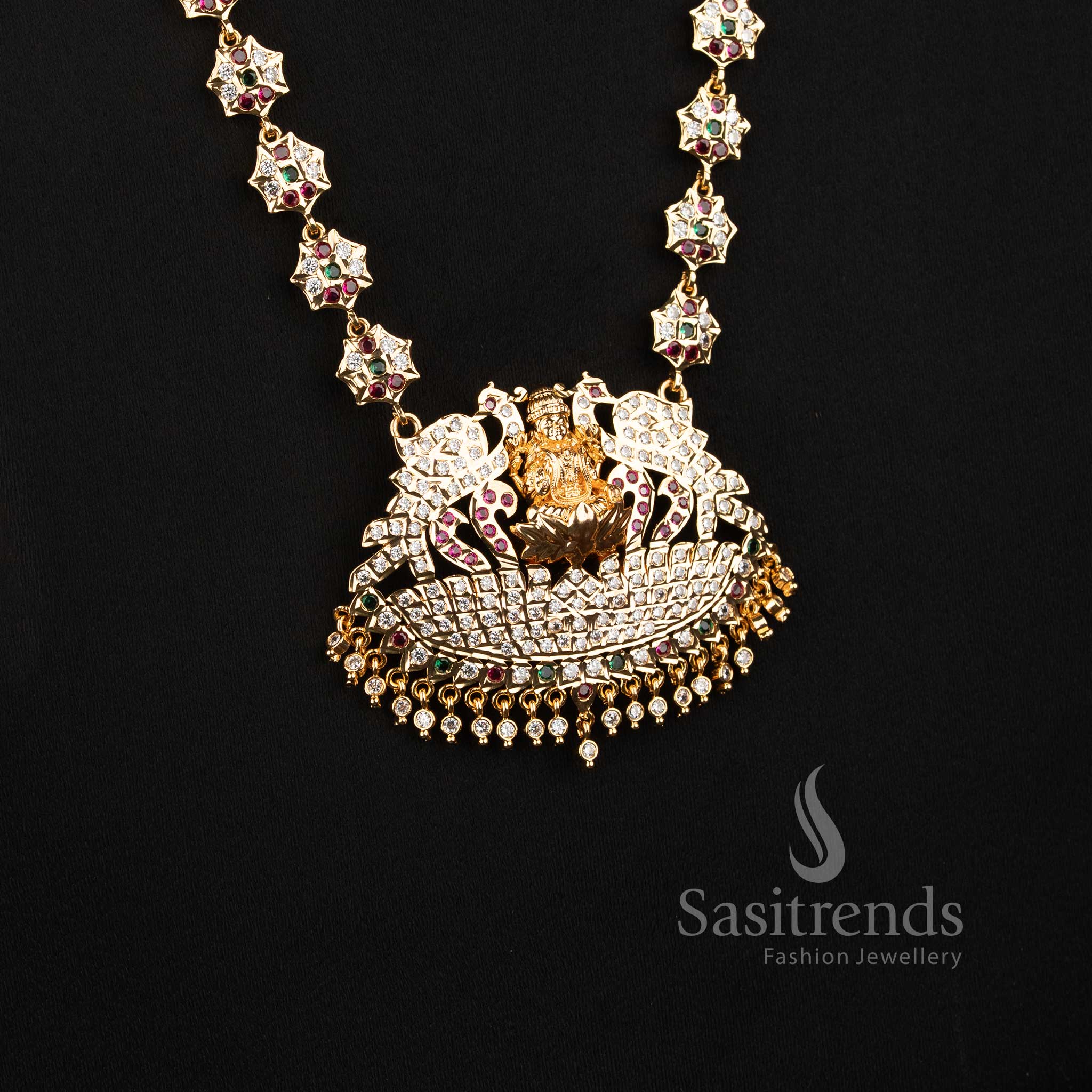 Detailed Goddess Lakshmi Peacock Pendant with AD Floral Long Haram Necklace - Sasitrends