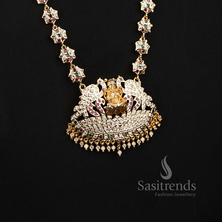 Guaranteed Impon AD Micro Gold Plated Peacock Lakshmi Floral Long Haram Necklace For Traditional Wear - Sasitrends