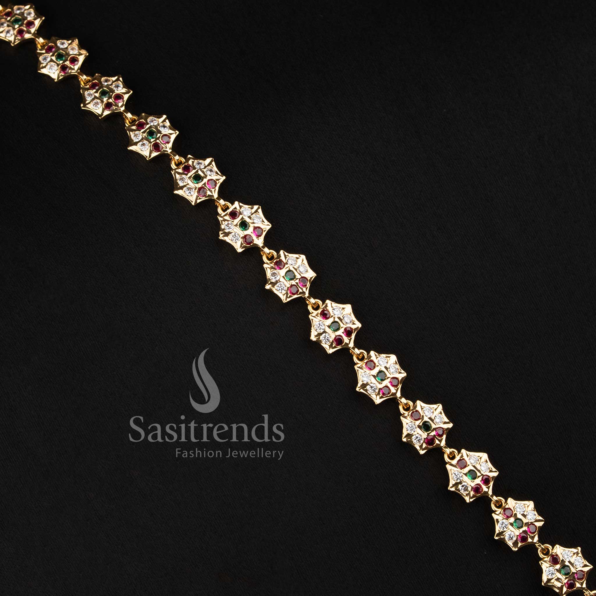 Detailed Goddess Lakshmi Peacock Pendant with AD Floral Long Haram Necklace - Sasitrends