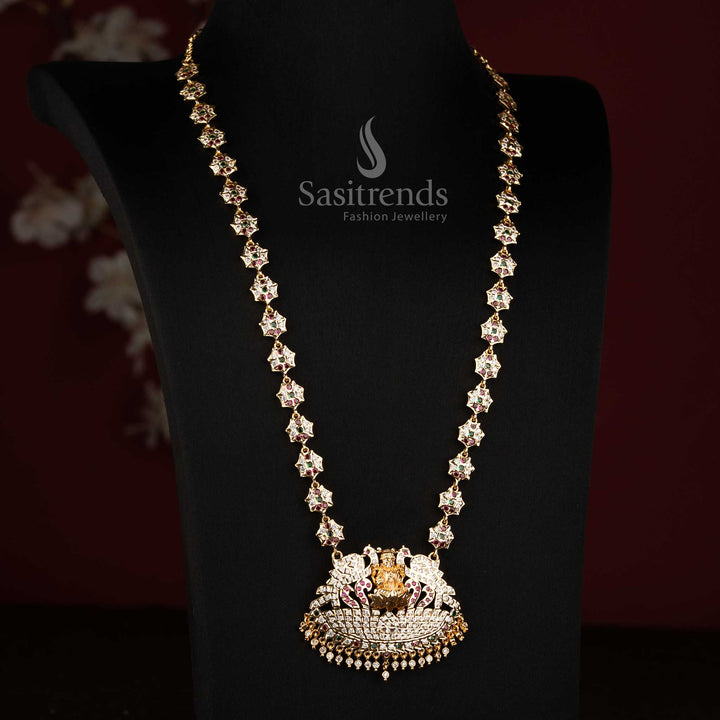 Traditional Peacock and Goddess Lakshmi AD Floral Micro Gold Long Haram - Sasitrends
