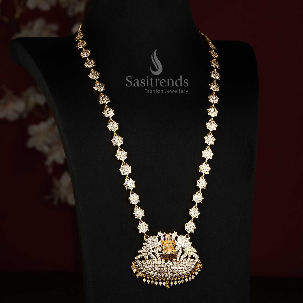 Impon AD Micro Gold Plated Peacock Lakshmi Floral Long Haram Necklace - Sasitrends
