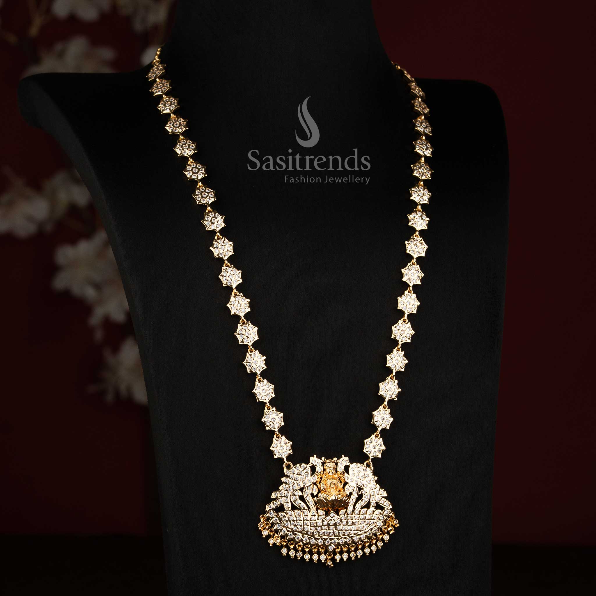 Impon AD Micro Gold Plated Peacock Lakshmi Floral Long Haram Necklace - Sasitrends