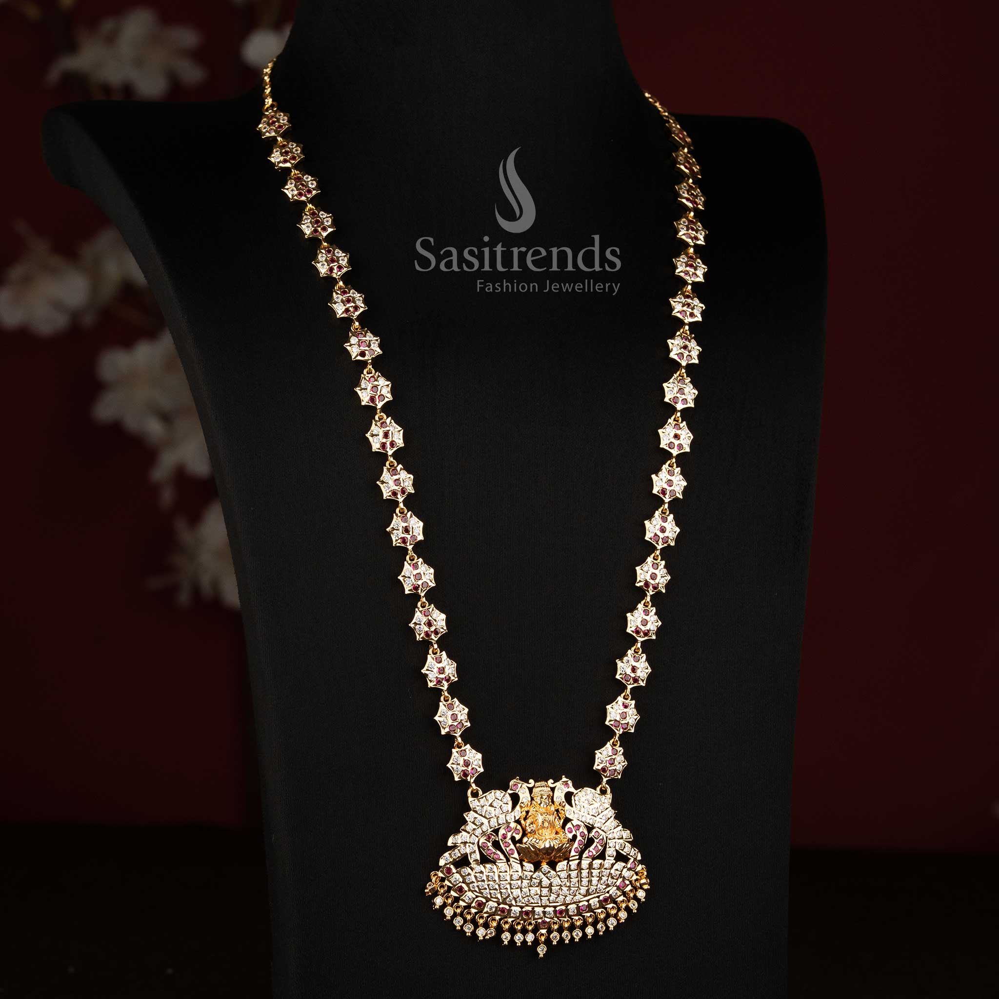 Traditional Peacock and Goddess Lakshmi AD Floral Micro Gold Long Haram - Sasitrends