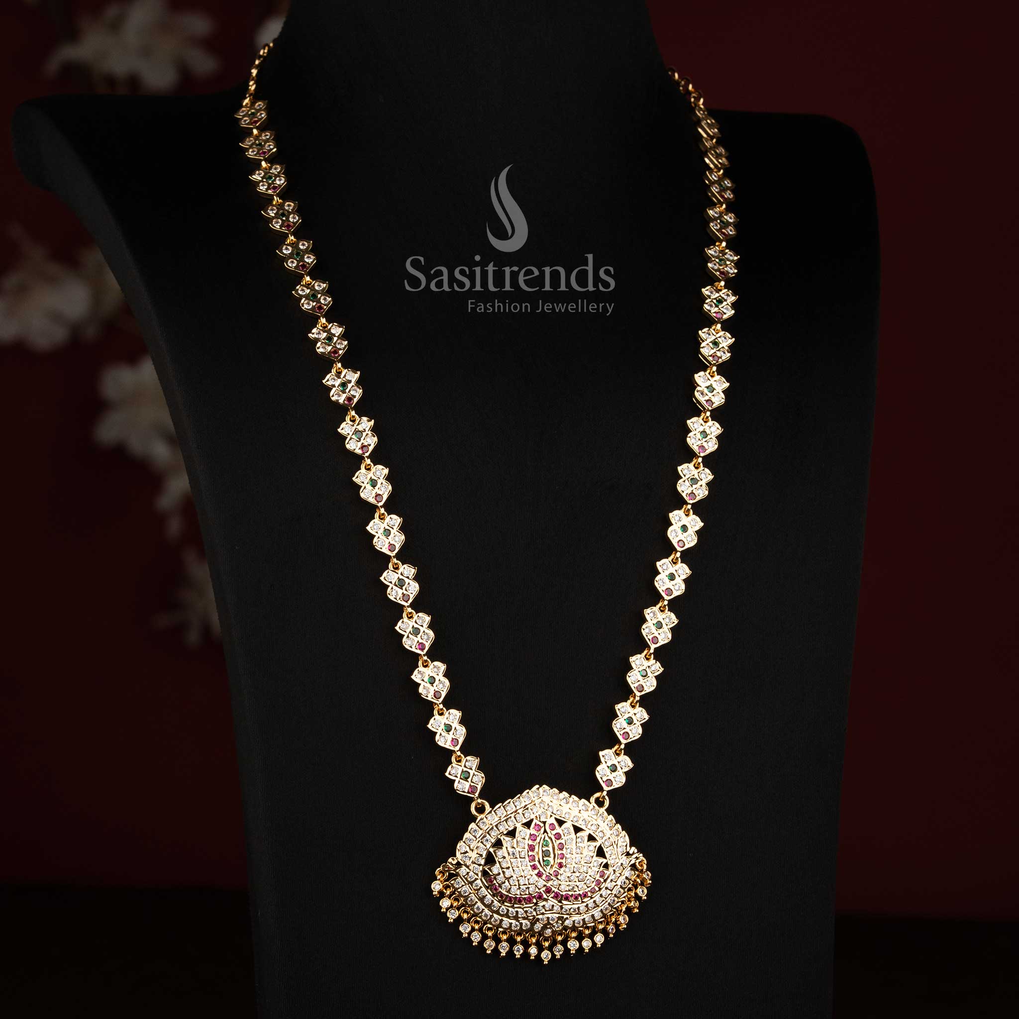 Impon AD Micro Gold Plated Lotus Floral Long Haram Necklace for Women - Sasitrends