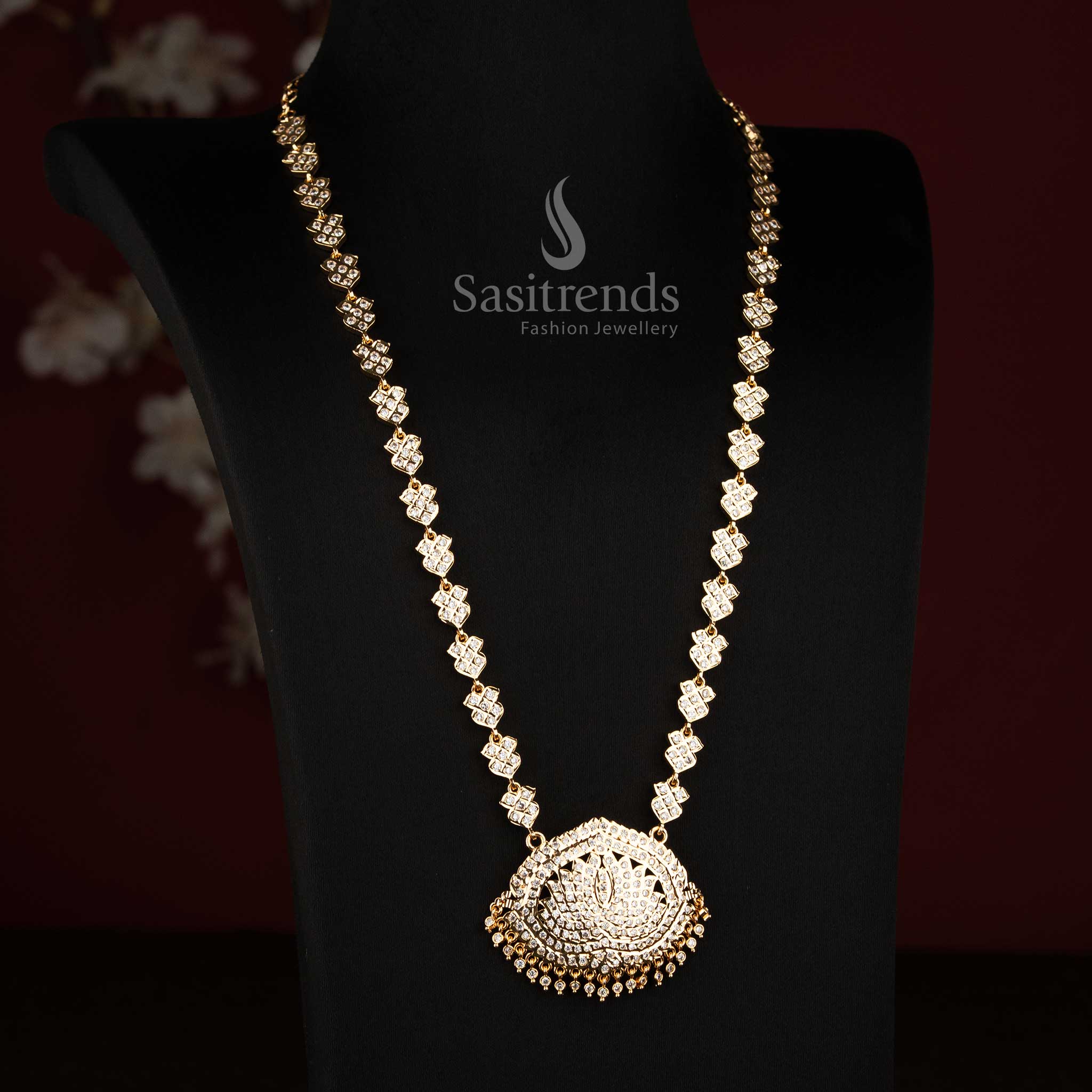 Impon AD Micro Gold Plated Lotus Floral Long Haram Necklace - Sasitrends