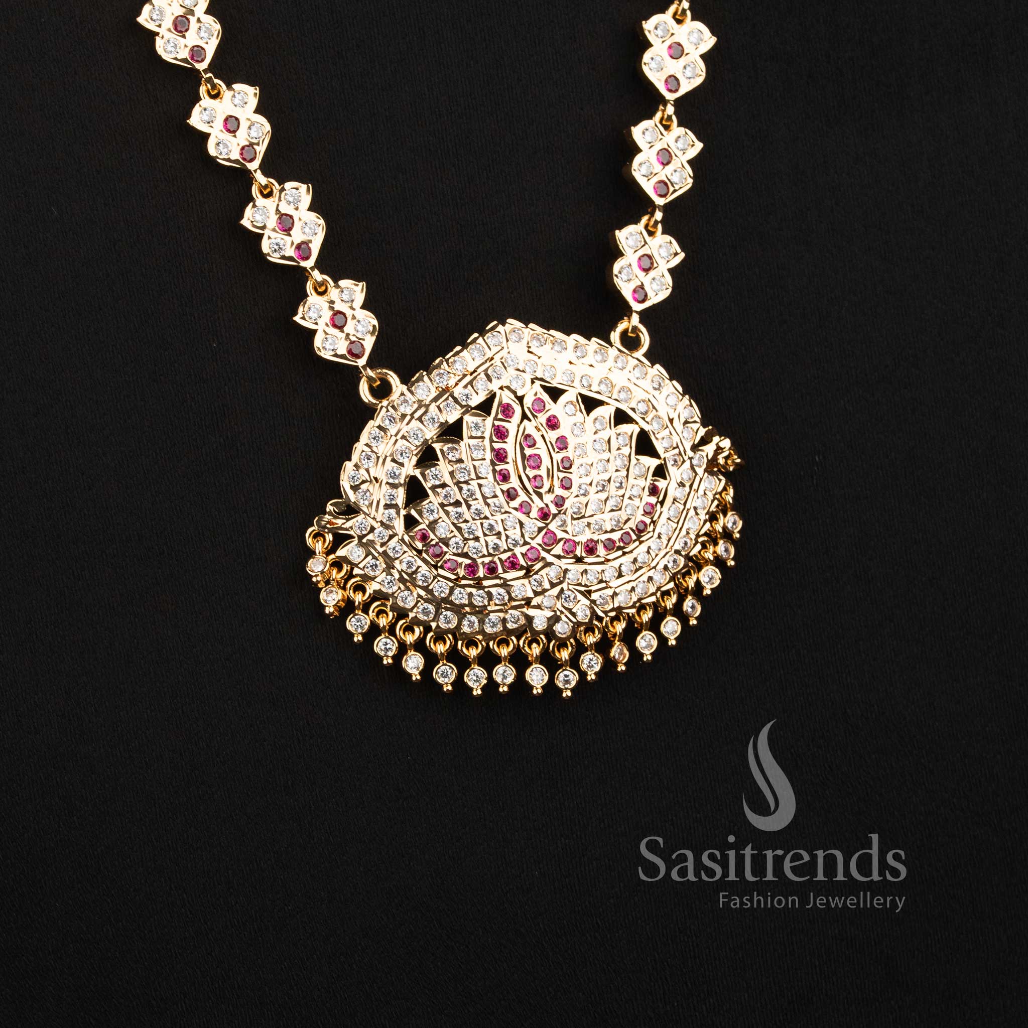 Impon AD Micro Gold Plated Lotus Floral Long Haram Necklace for Women - Sasitrends