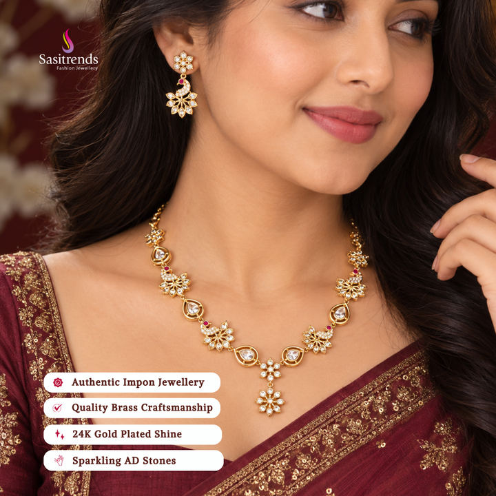 Traditional wear impon micro gold plated AD stone necklace set - Sasitrends