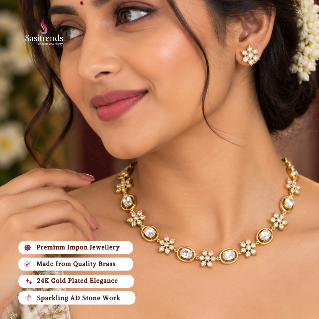 Real gold look guaranteed 24k micro gold plated impon AD stone necklace set - Sasitrends