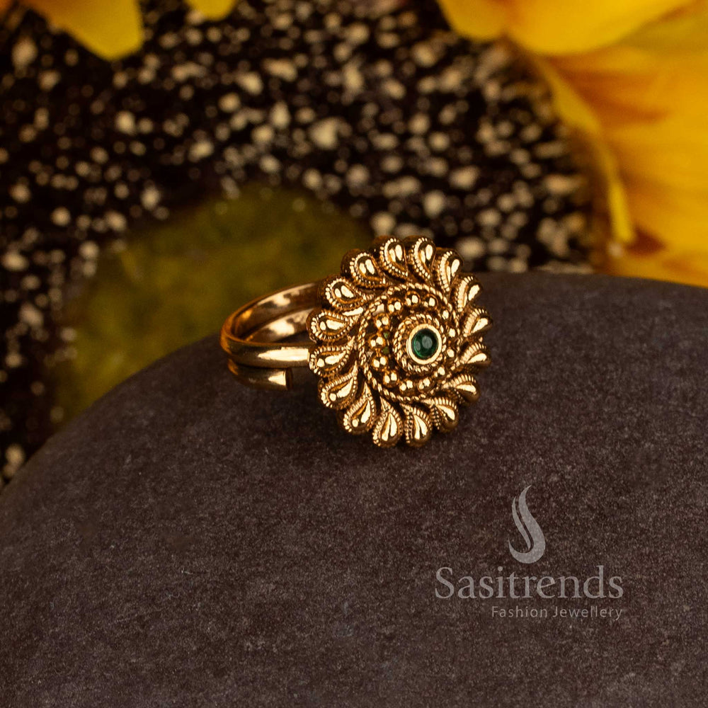 Matte Gold Plated Temple Flower Medallion Adjustable Finger Ring for Women - Sasitrends