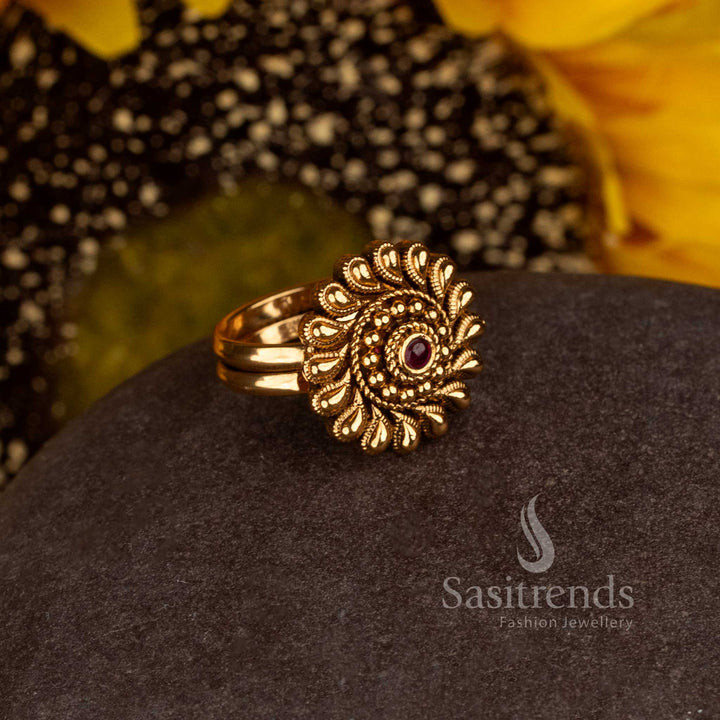 Matte Gold Plated Temple Flower Medallion Adjustable Finger Ring for Women - Sasitrends