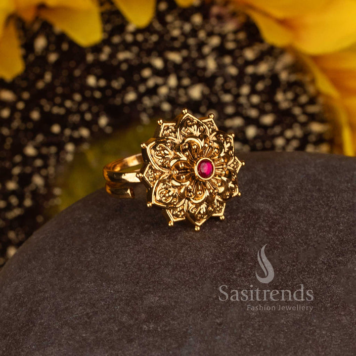 Matte Gold Plated Temple Radial Floral Medallion Adjustable Finger Ring for Women - Sasitrends