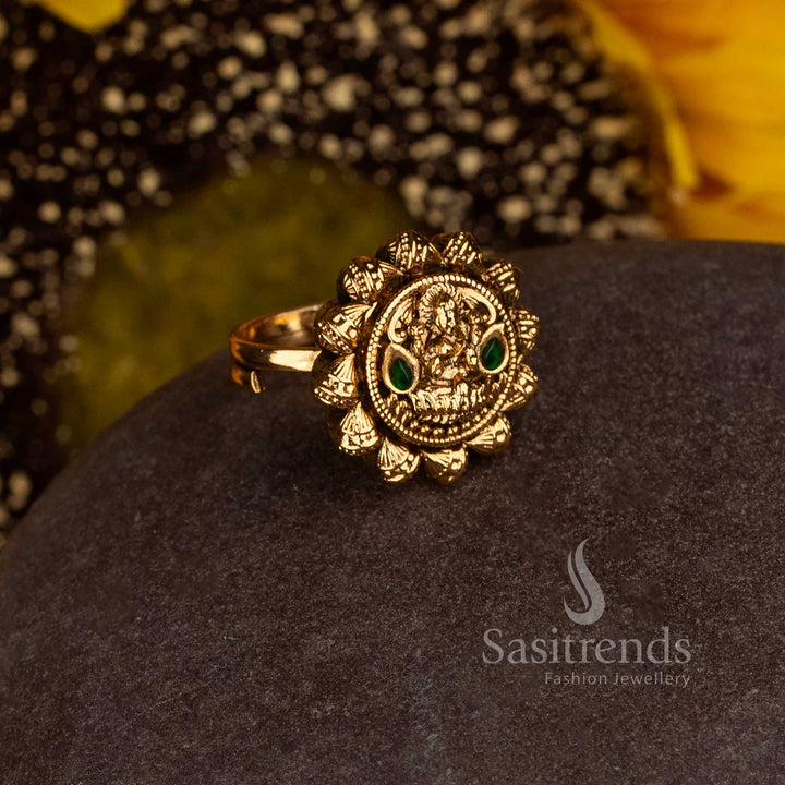 Matte Gold Plated Temple Goddess Lakshmi Medallion Adjustable Finger Ring for Women - Sasitrends