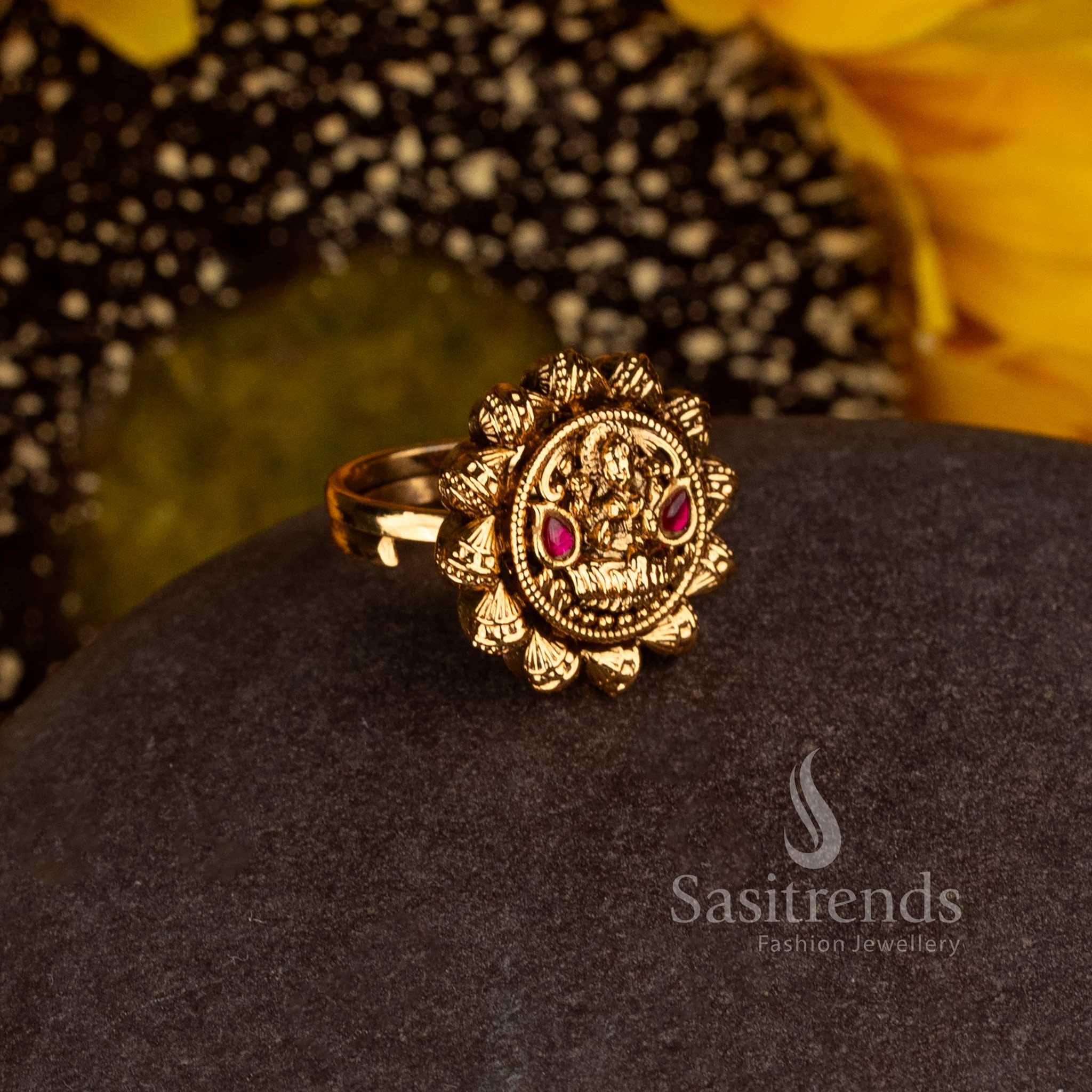 Matte Gold Plated Temple Goddess Lakshmi Medallion Adjustable Finger Ring for Women - Sasitrends