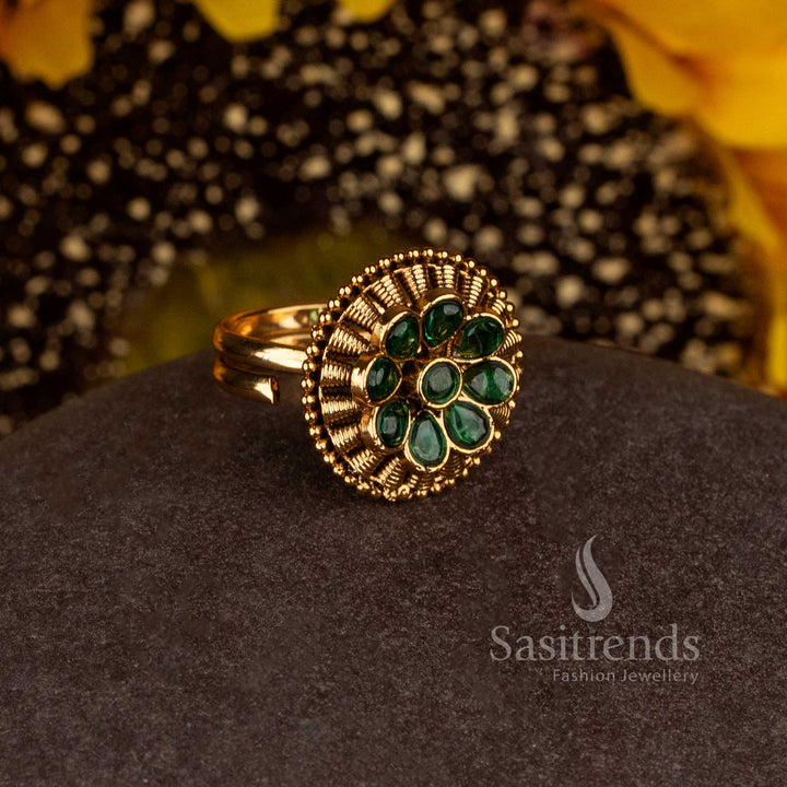 Matte Gold Plated Temple Round Floral Adjustable Finger Ring for Women - Sasitrends