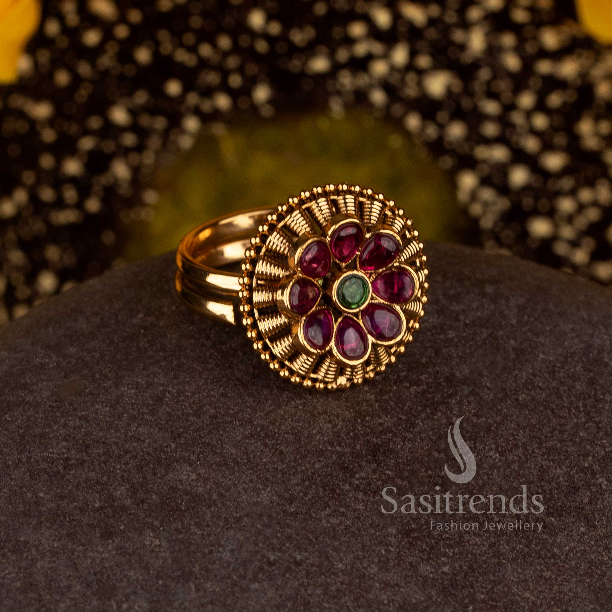 Matte Gold Plated Temple Round Floral Adjustable Finger Ring for Women - Sasitrends