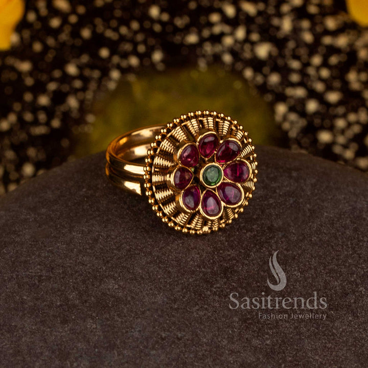 Matte Gold Plated Temple Round Floral Adjustable Finger Ring for Women - Sasitrends