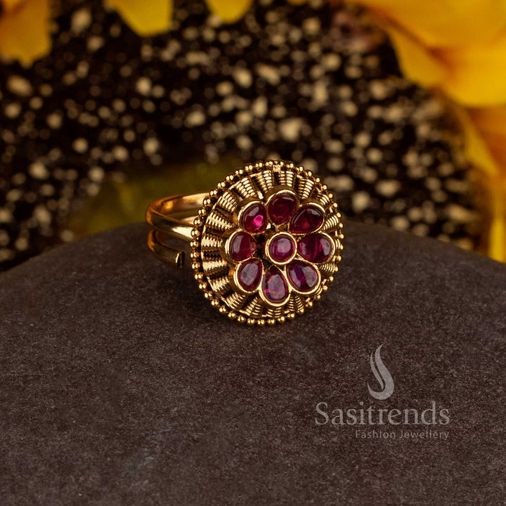 Matte Gold Plated Temple Round Floral Adjustable Finger Ring for Women - Sasitrends