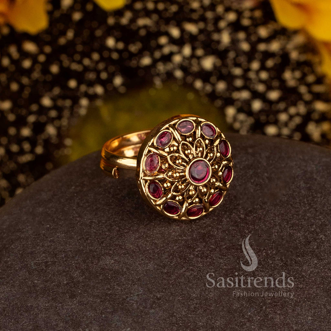 Matte Gold Plated Temple Round Mandala Adjustable Finger Ring for Women - Sasitrends