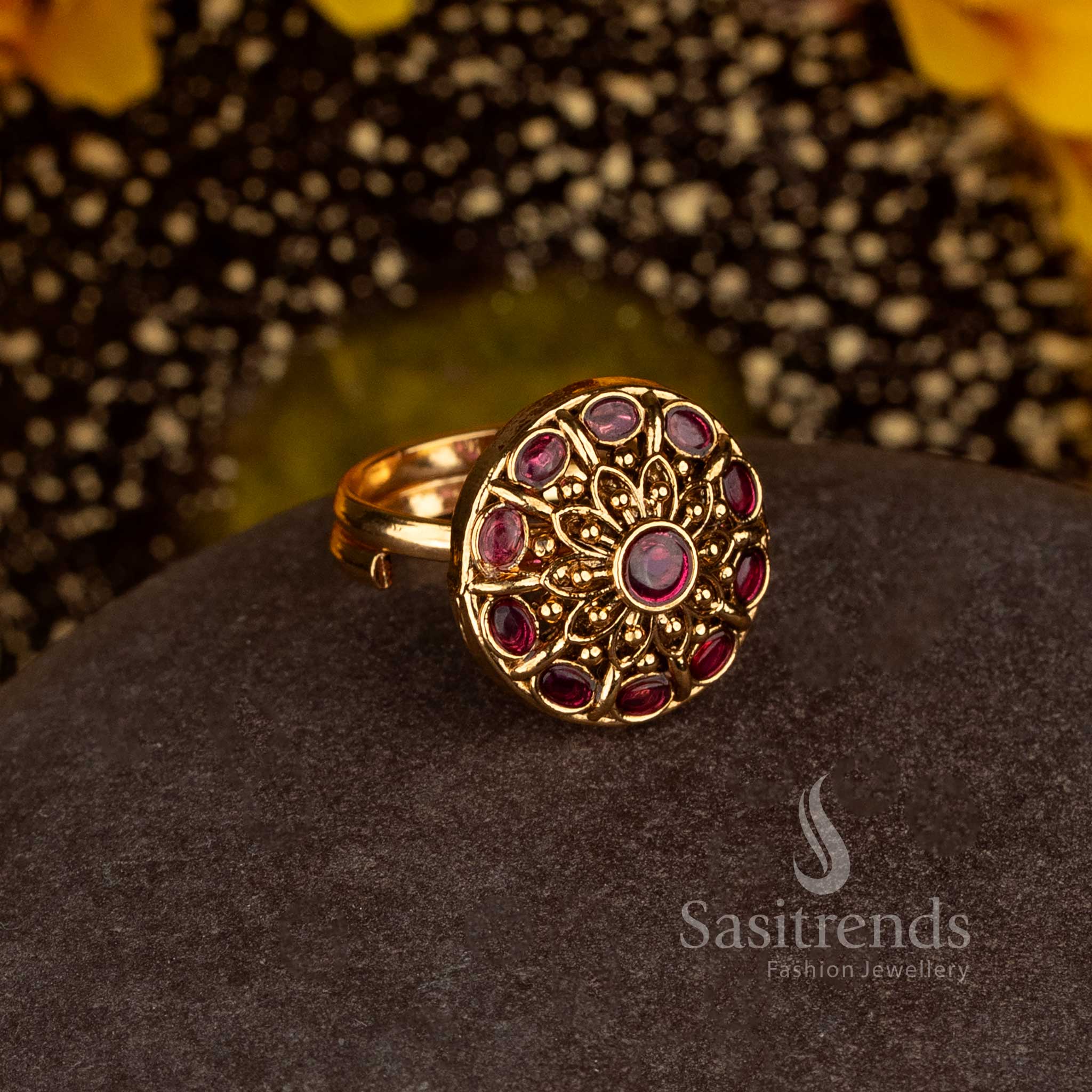 Matte Gold Plated Temple Round Mandala Adjustable Finger Ring for Women - Sasitrends