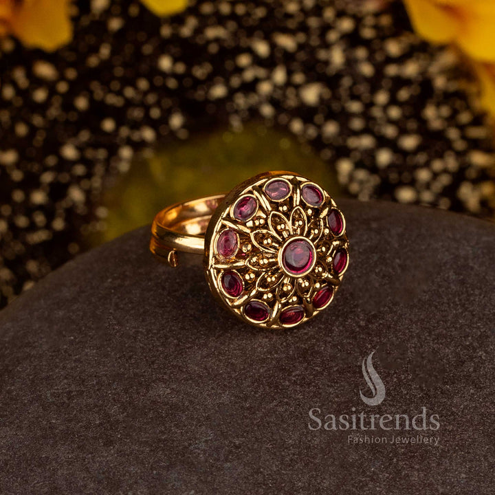 Matte Gold Plated Temple Round Mandala Adjustable Finger Ring for Women - Sasitrends