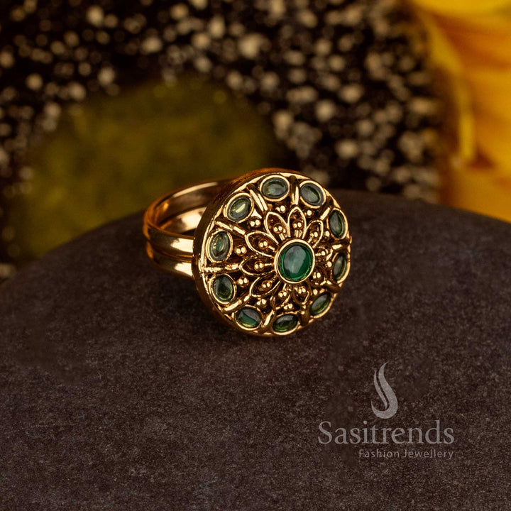 Matte Gold Plated Temple Round Mandala Adjustable Finger Ring for Women - Sasitrends