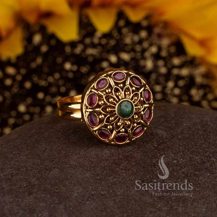 Matte Gold Plated Temple Round Mandala Adjustable Finger Ring for Women - Sasitrends