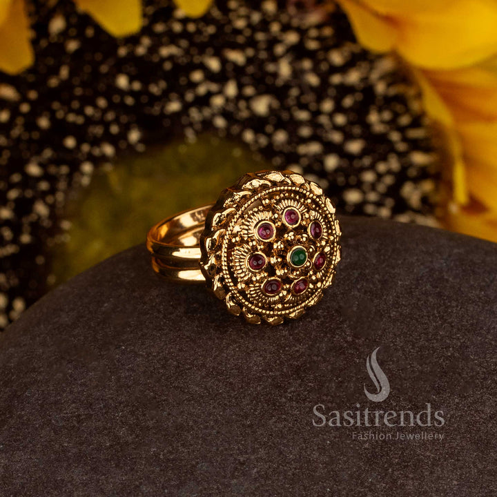 Matte Gold Plated Round Floral Medallion Finger Ring for Women - Sasitrends