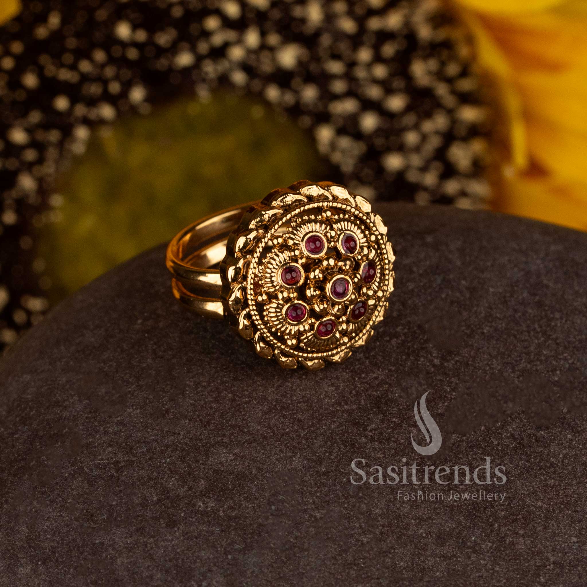 Matte Gold Plated Round Floral Medallion Finger Ring for Women - Sasitrends